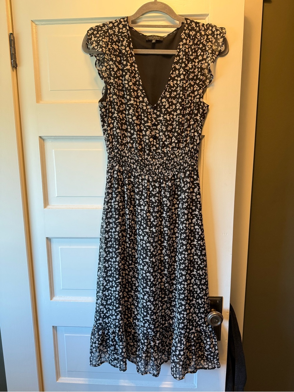 Lucky Brand Black Midi Dress with White Floral Print